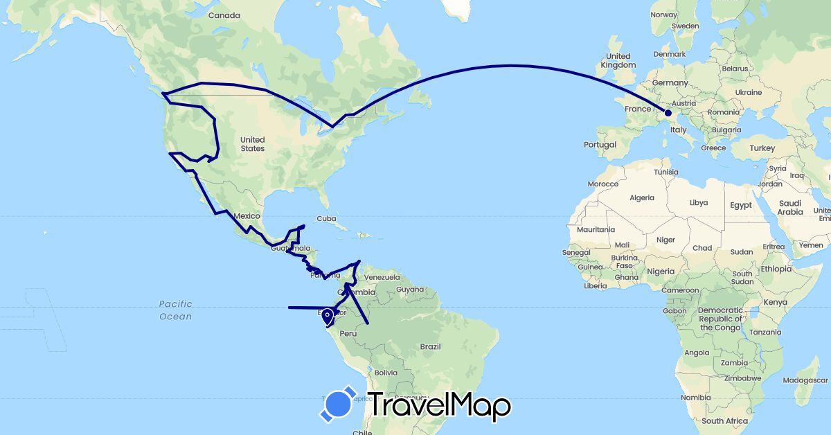 TravelMap itinerary: driving in Belize, Canada, Colombia, Costa Rica, Ecuador, Guatemala, Italy, Mexico, Nicaragua, Panama, Peru, El Salvador, United States (Europe, North America, South America)